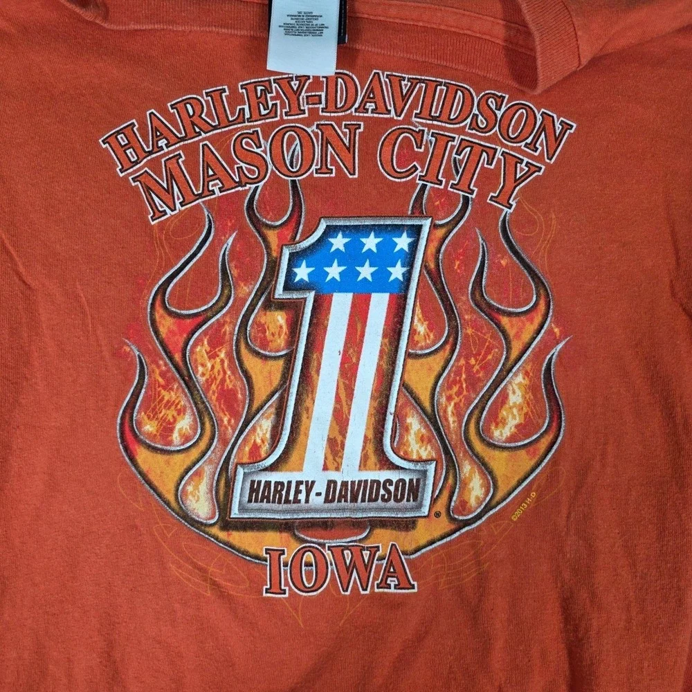 2013 Harley Davidson T-Shirt Bar Shield Logo Mason City Iowa‎ Graphic Orange 3XL